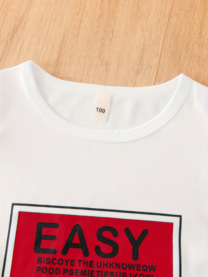Boys' 3pcs Set White Crew Neck T-Shirt with EASY Lettering & Green Elastic Waist Shorts & Green Crossbody Bag Casual Comfortable Outdoor Outfit, Gift Idea, Perfect for Outdoor