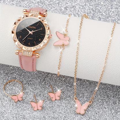 [6pcs Women'S Quartz Watch and Jewelry Set] 6pcs Women'S Quartz Watch and Butterfly Jewelry Set, Round Alloy Case, PU Leather Band, Analog Display with Rhinestone Embellishments, Non-Rechargeable Button Battery, with Gift Set