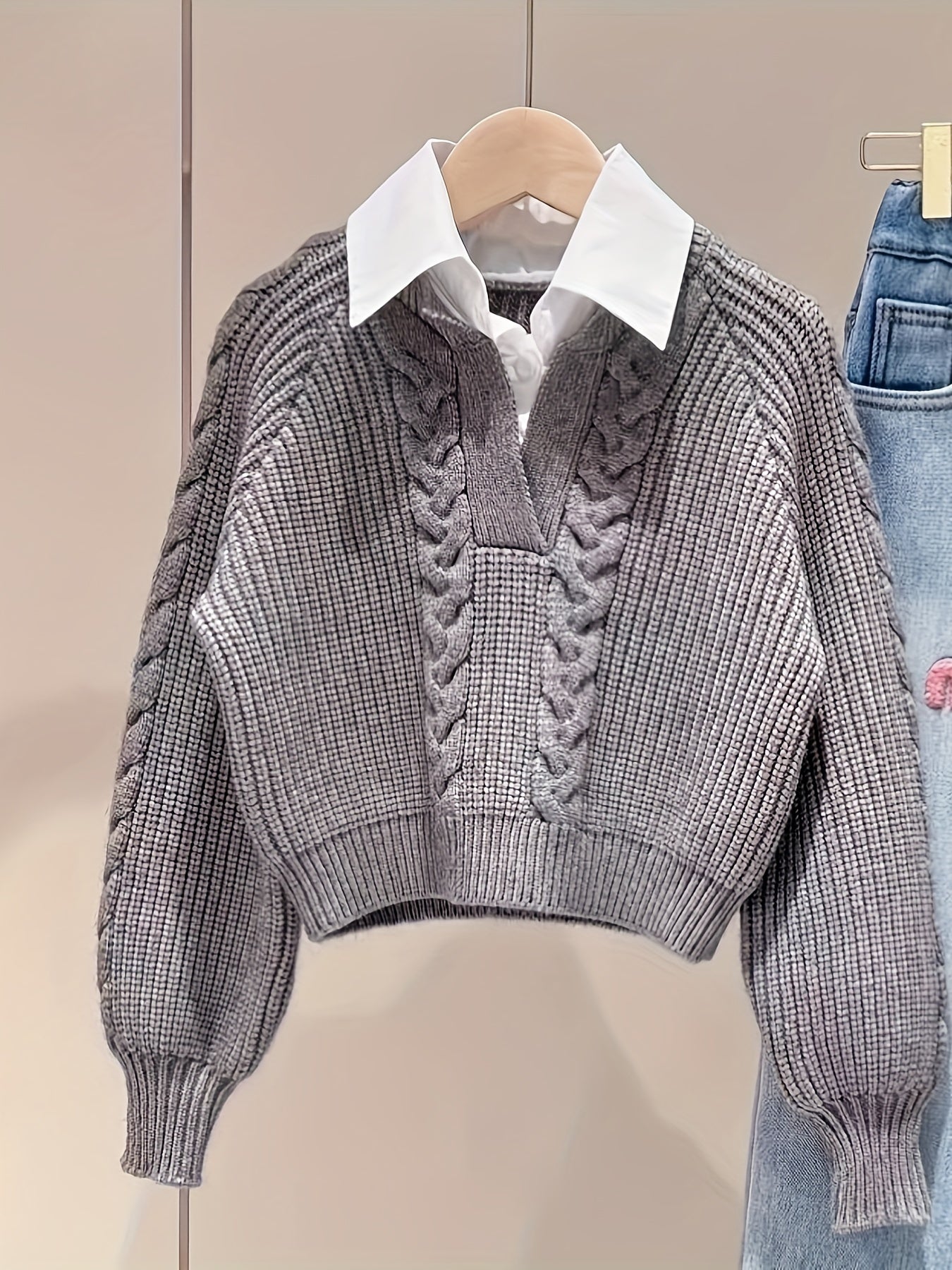 2 In 1 Contrast Color Collared Sweater, Chic Cable Knit Long Sleeve Polo Sweater For Fall & Winter, Women's Clothing