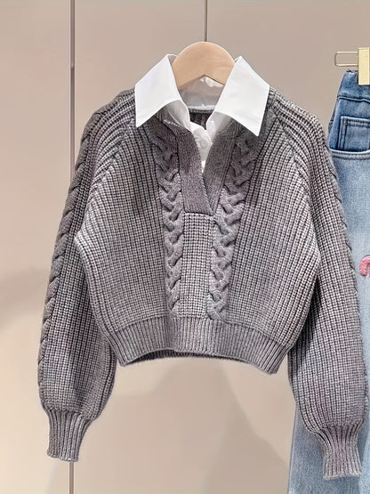 2 In 1 Contrast Color Collared Sweater, Chic Cable Knit Long Sleeve Polo Sweater For Fall & Winter, Women's Clothing