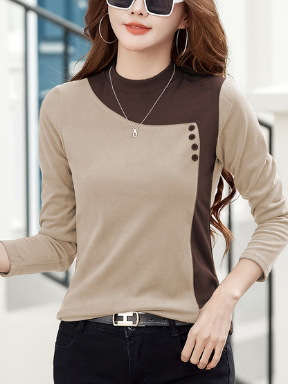 Women's Chic Color Block Casual Top - High Stretch Polyester & Elastane Blend, Button Detail, Machine Washable - Elegant Stand Collar, Long Sleeve, Beige & Brown