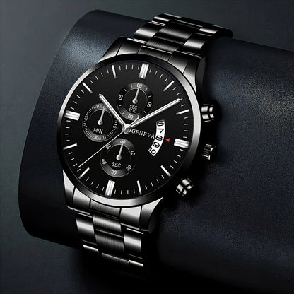 Men'S Business Round Quartz Watch with Calendar Display, Black Stainless Steel Strap, Electronic Movement, Perfect Gift for Valentine'S Day, Easter, Halloween, Ramadan, Birthdays, Christmas