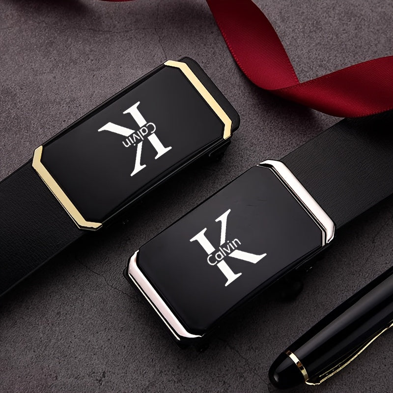 K-Letter Calvin Men'S Automatic Buckle Belt - Adjustable Faux Leather with Golden-Tone Metal Accents, Durable Casual & Formal Accessory for Jeans, Dresses - Ideal Christmas Gift, Belt for Dress, Dress Belt, Modern Belt, Quali