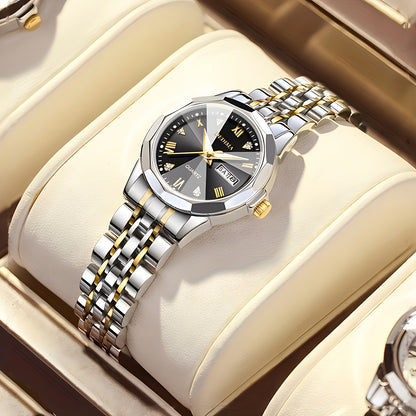 DEDIMA Women'S Luxury Stainless Steel Watch - Elegant Rhombus Design with Roman Numerals, Double Calendar, and Multifunctional Steel Strap