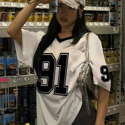 Women's Summer Casual V-Neck Short Sleeve T-Shirt with Bold '91' Digital Print - White & Black Contrast, Breathable Machine-Washable Fabric for Spring/Summer Outfits, Shirts for Summer, Everyday Comfort Tee, Edgy Contrast Des