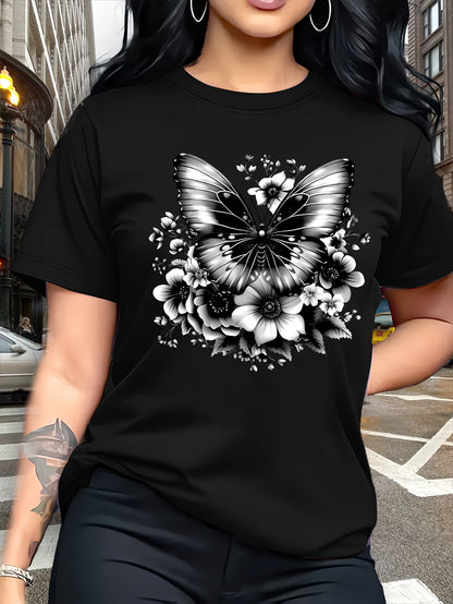 Circle Chic Butterfly Print T-Shirt - Exquisite Design, Casual Round Neck Top - Breathable and Lightweight, Perfect for Spring/Summer Wardrobe
