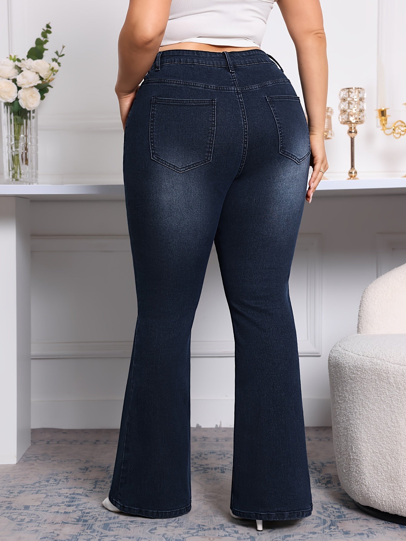 Plus Size Flare Leg Plain Washed Casual Style Zipper Button Closure Denim Pants, Women's Denim Jeans & Clothing