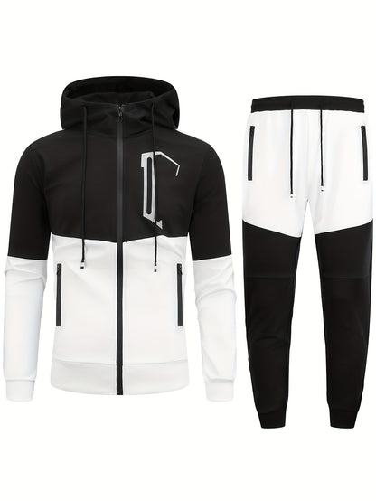 Men's Sports Casual Multi-pocket Workwear Suit Men's Spring and Autumn Hooded Patchwork Cardigan Sweatshirt Suit Men's Running Suit Fitness Suit Home Wear