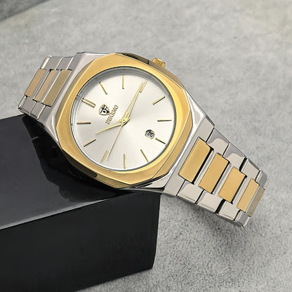 Elegant Men's Quartz Watch - Luminous Hands, Golden-Tone Dial with Stainless Steel Band, Date Display, Business Style, Non-Rechargeable Battery