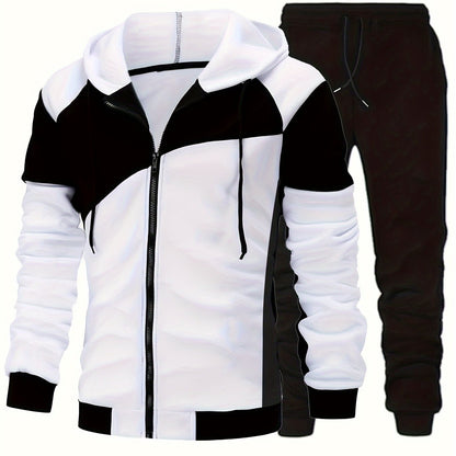 Men's Autumn Color-Blocked Zip-Up Hoodie with Side Pockets And Solid Color Drawstring Long Pants Set.