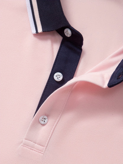 2pcs Men's Short-Sleeve Shirts with Contrast Collars - Lightweight Polyester, Pastel Blue & Pink, Turn- Collar, Button Closure, Regular Fit, Casual & Business-Casual Wear, Ideal for Summer or Gifting, Short Sleeve Tops