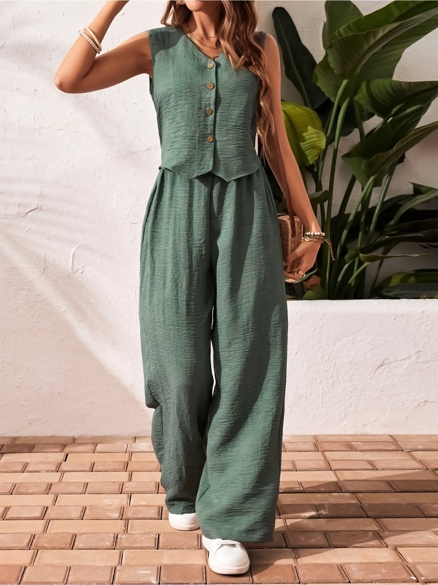 Women'S Elegant Solid Color Sleeveless V-Neck Two-Piece Set - Casual Summer Jumpsuit with Button Placket, Wide Leg Pants, and Beige Wedge Sandals, Casual Attire|Vneck Jumpsuit|Elegant Jumpsuit