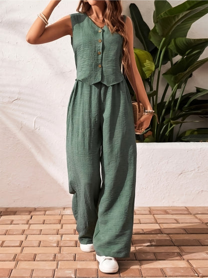 Women'S Elegant Solid Color Sleeveless V-Neck Two-Piece Set - Casual Summer Jumpsuit with Button Placket, Wide Leg Pants, and Beige Wedge Sandals, Casual Attire|Vneck Jumpsuit|Elegant Jumpsuit