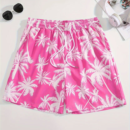 Men's Tropical Coconut Tree Print Drawstring Shorts - Casual, Loose-Fit Beachwear with Pockets