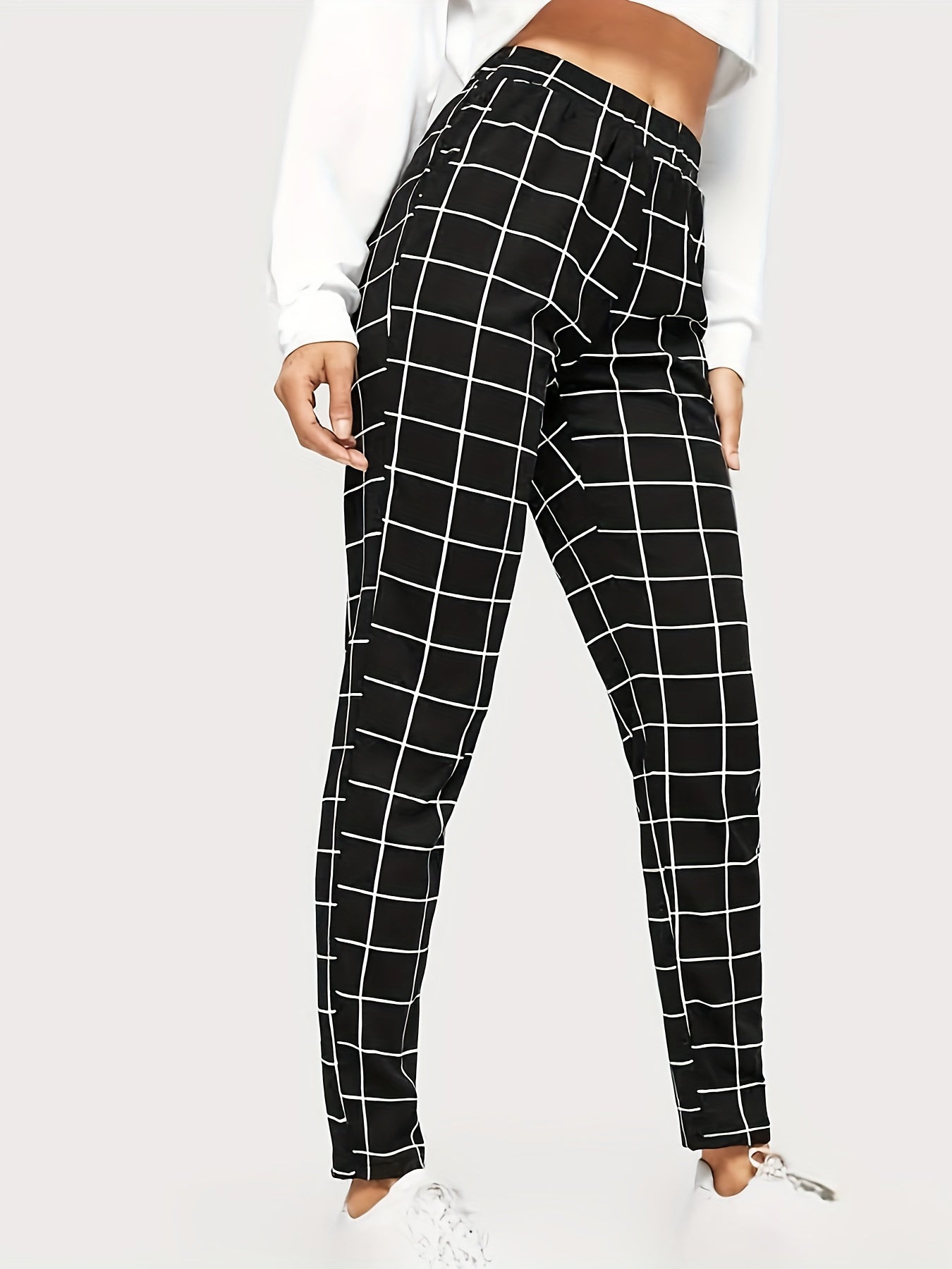 Plaid Print High Waist Pants Elegant Straight Leg Slants Pockets Pants, Women's Clothing
