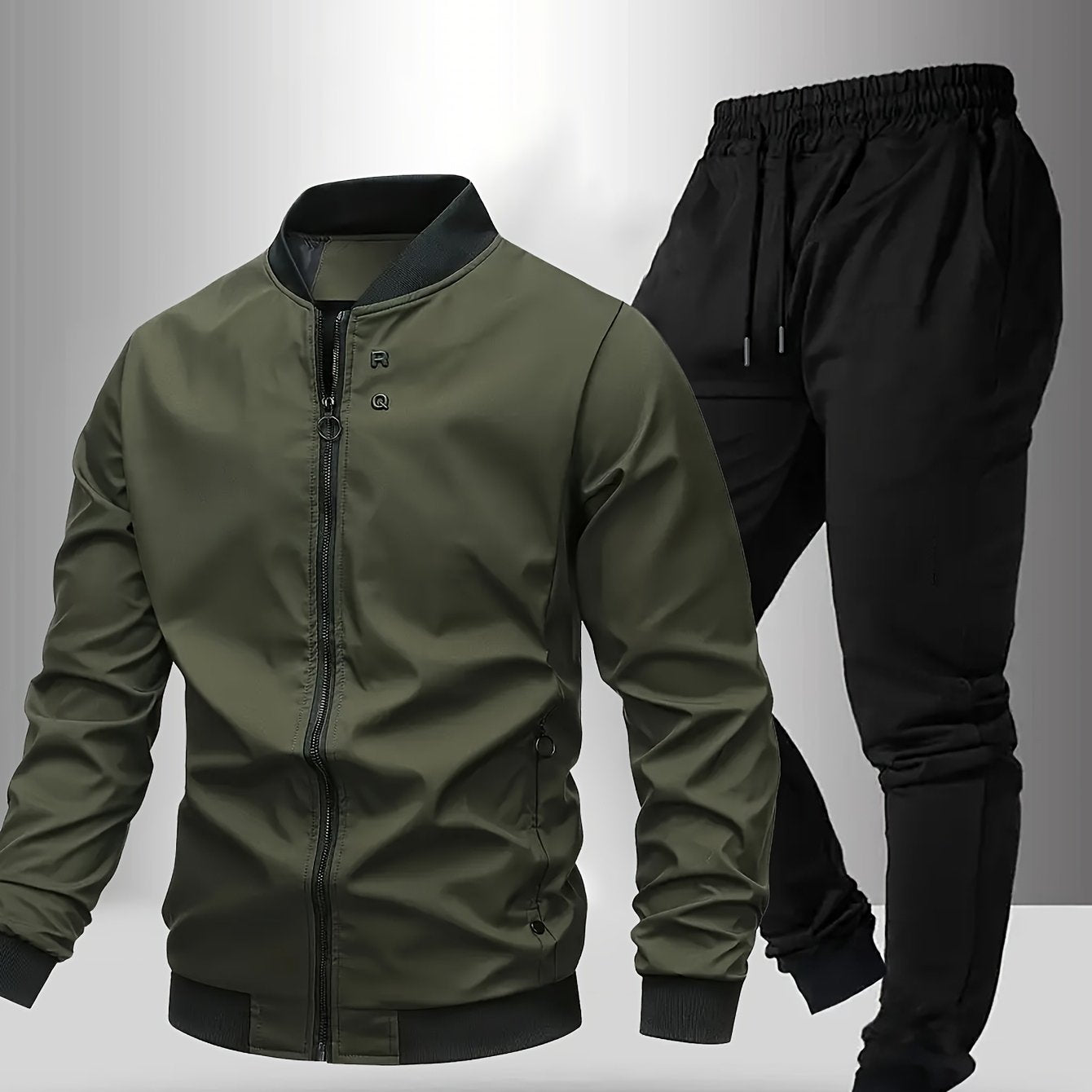 Men'S Casual Two-Piece Athletic Set - Black Baseball Collar Jacket with Zipper, Elastic Waistband Pants, Regular Fit for Spring/Fall, Spring Outerwear | Sporty Casualwear | Zippered Jacket