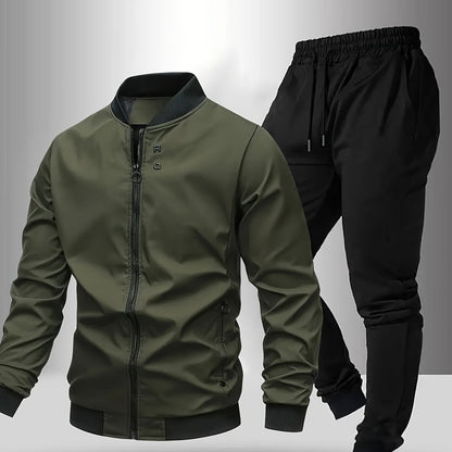 Men'S Casual Two-Piece Athletic Set - Black Baseball Collar Jacket with Zipper, Elastic Waistband Pants, Regular Fit for Spring/Fall, Spring Outerwear | Sporty Casualwear | Zippered Jacket