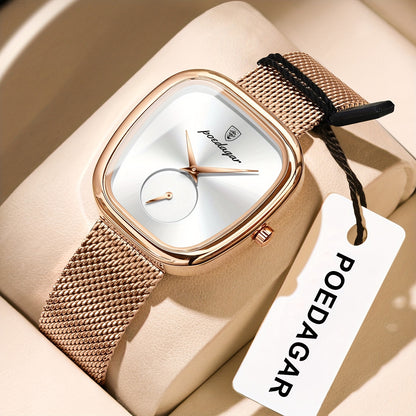POEDAGAR Elegant Women's Quartz Watch - Waterproof, Stainless Steel Mesh Band, Rose Golden Square Dial, Black Strap, Perfect for Parties & Casual Attire, Stylish Timepiece | Elegant Design | Mesh Strap Watch, Watch Accessorie