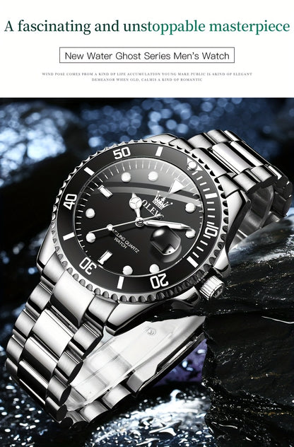 OLEVS Men'S Luxury Quartz Watch - Green Dial, Stainless Steel Band, Luminous Pointer Display, Quartz Movement, Electronic Drive, Zinc Alloy Case, Ideal for Business Casual Wea