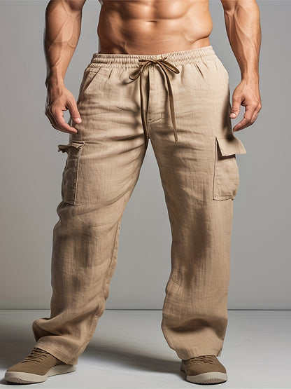 Solid Retro Men's Cotton And Linen Drawstring Long Trousers With Multiple Pockets, Outdoor Daily