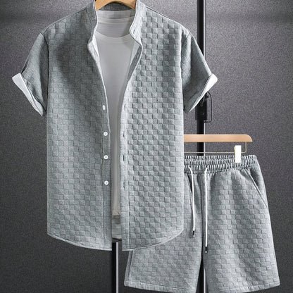 Men'S Casual Summer Short Sleeve Shirt & Shorts Set - Light Blue, Button-Up, Polyester, Perfect for Casual Attire, Parties, and Outdoor Activities, Casual Summer Wear|Short Sleeve Shirt|Polyester Fabri