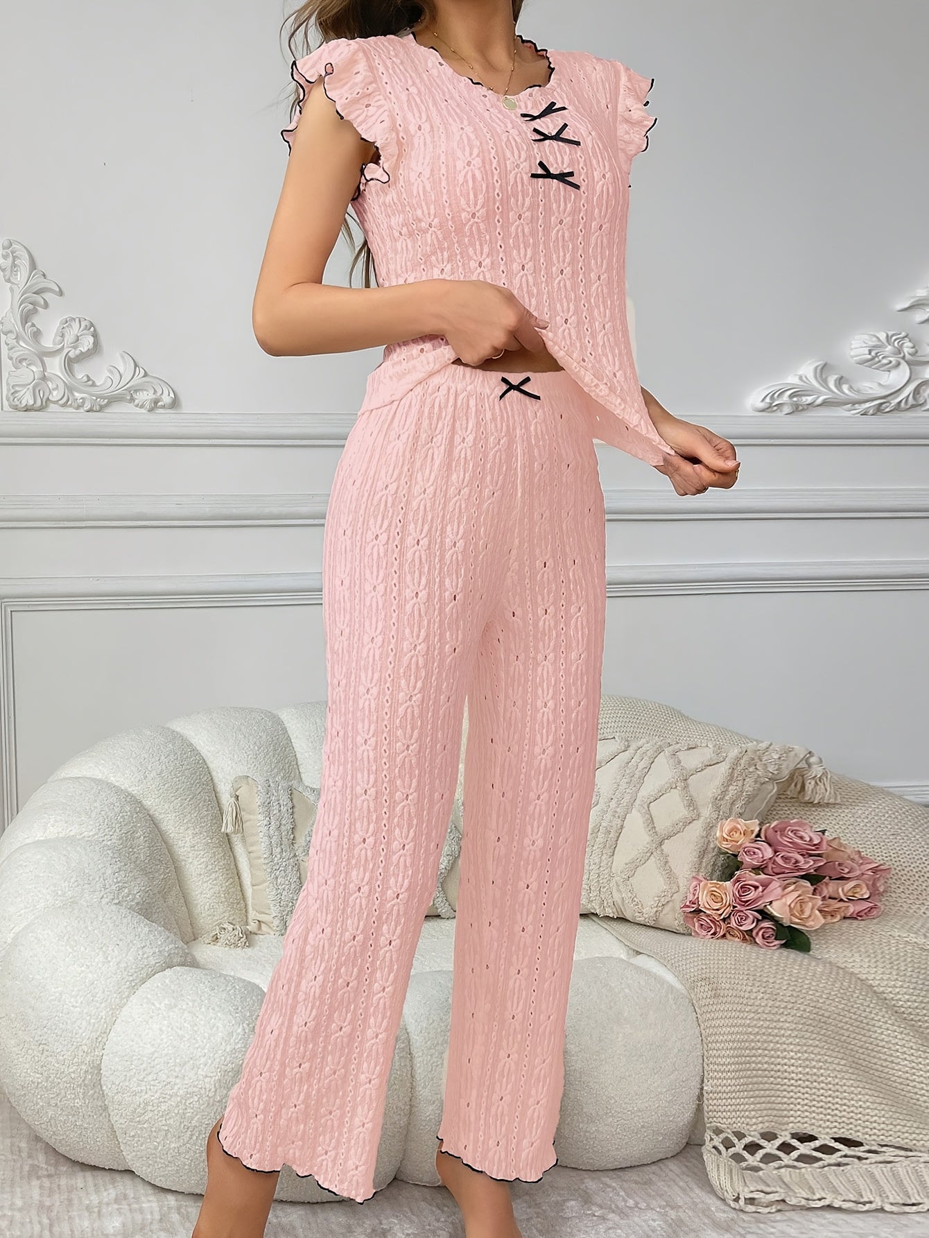 Elegant Women'S Lace Hollow Pajama Set with Contrast Trim and Bow Detail - Short Sleeve, Round Neck, Summer Sleepwear for Adults, Comfortable Polyester Blend, Perfect for Relaxing at Home, Summer Sleepwear | Contrast Trim Des