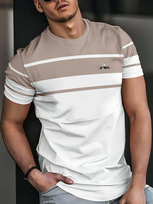 Men's Minimalist Modern T-Shirt - Lightweight Breathable Fabric Crew Neck Tee in White & Beige - Everyday Casual & Formal Summer Shirt - Machine Washable Everyday Essential, Horizontal Stripe Design, Smooth Texture Fabric