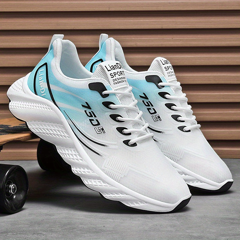 Men's Lightweight Sneakers - Non-Slip PVC Sole, Cushioned EVA Insole - White/Blue Accent Low-Top Sneakers for Gym, Running, Everyday - All-Season Lace-Up Athletic Footwear - Model HX-3, Sports Activities, Sporty Design, Secur