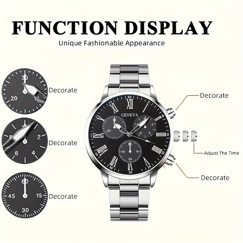 2pcs Elegant Men's Quartz Watch Set, Classic Round Dial Design with Durable Stainless Steel Band, Zinc Alloy Case, Precision Electronic Movement, Casual Fashion Style, Ideal Gift for Father's Day/Valentine's/Ramadan/Birthday/