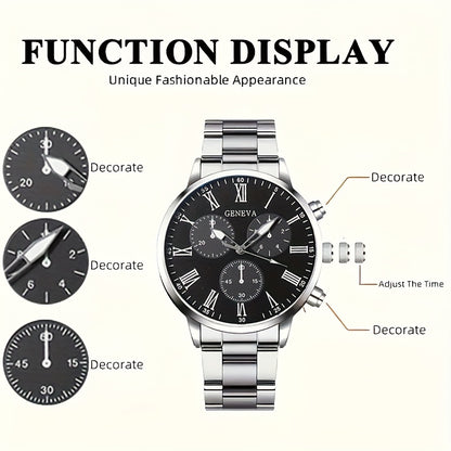 2pcs Elegant Men's Quartz Watch Set, Classic Round Dial Design with Durable Stainless Steel Band, Zinc Alloy Case, Precision Electronic Movement, Casual Fashion Style, Ideal Gift for Father's Day/Valentine's/Ramadan/Birthday/