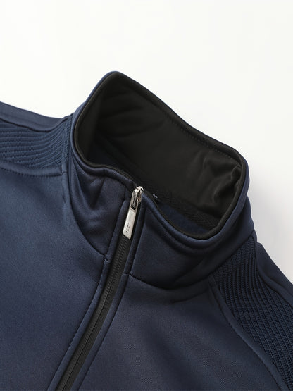 2025 Men'S Athletic Set - White & Black, Long Sleeve, Collared, Non-Stretch Fabric, with Pockets, for Spring/Fall, Casual Sportswear, Casual Sportswear|Modern Athletic|Pocketed Jacket