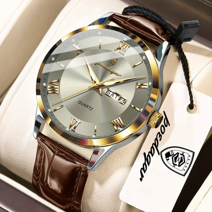 Luxury Leather Strap Men's Watch Waterproof Luminous Calendar Week Wristwatch Simple Business Fashion Sports Men's Watch
