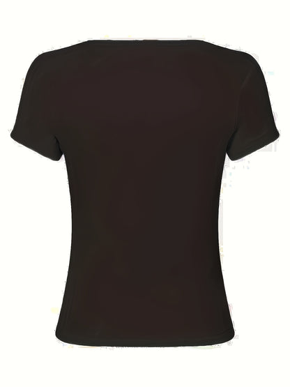 Women'S Elegant Button-Front T-Shirt with Golden Button Details - Breathable Short Sleeve Round Neck Top, Lightweight Fabric, Faux Pockets, Perfect for Summer Office & Date Night Outfits, Casual Chic Style, Date Night Outfit,
