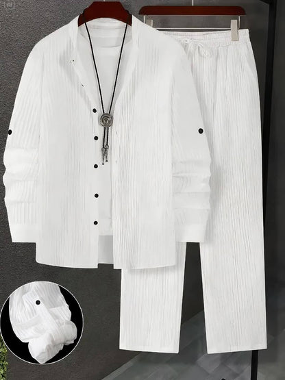 Men'S Two-Piece Set Featuring Textured Fabric, Versatile Long-Sleeve Shirt with Ear Loops, And Loose Drawstring Casual Pants.