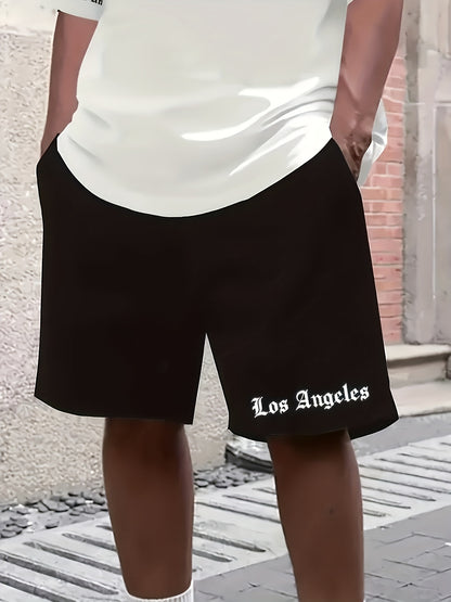 Men'S Los Angeles Graphic Print Casual Sportswear Set - Breathable Summer Short Sleeve T-Shirt & Drawstring Shorts with Pockets, Regular Fit, Crew Neck, Comfortable & Stylish for Casual Attire, Leisure Clothing | Trendy Sport