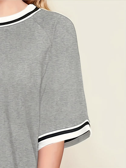 Women'S Plus Size Casual Lounge Set - Gray & White Striped Oversized T-Shirt with Matching Joggers, Comfortable All-Season Home Outfit, Joggers for Women