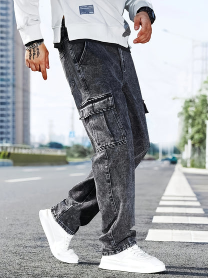 Men's Multi-Pocket Cargo Jeans - Casual Loose Fit Denim with Flap Pockets, Durable Cotton Blend, Ideal for All Seasons, Casual Wear Pants | Classic Blue Jeans | Cotton Blend Jeans