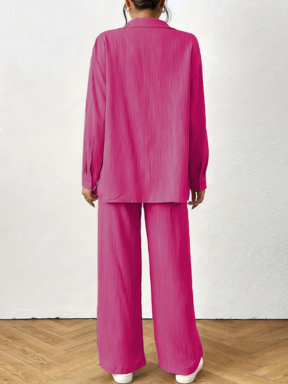 Women'S Casual Solid Color Long Sleeve Shirt + Long Pants 2pcs Set for Spring And Autumn.