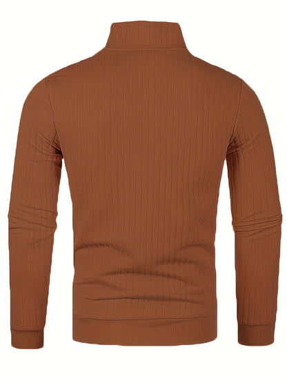 Men'S Casual Polyester Sweater, Solid Color, High Neck Quarter Zip, Long-Sleeved Pullover, Regular Fit, 100% Polyester Knit Fabric, 230g/m² - Fall/Winter Essential