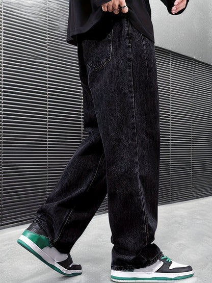 1pc Men'S Casual Denim Jeans - Classic Washed Straight-Leg Pants with Pockets, Non-Stretch Fabric, Regular Fit, All-Season Loose Denim for Adults, Casual Outing Style