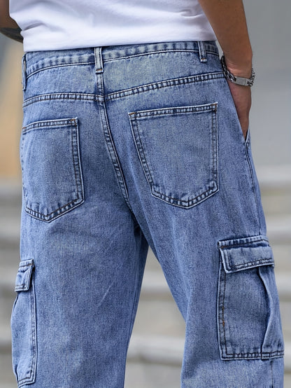 Men's Multi-Pocket Cargo Jeans - Casual Loose Fit Denim with Flap Pockets, Durable Cotton Blend, Ideal for All Seasons, Casual Wear Pants | Classic Blue Jeans | Cotton Blend Jeans