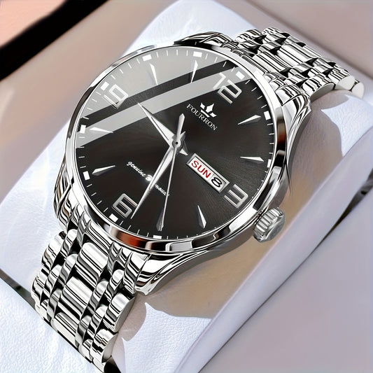 1pc New FOURRON Men's Stainless Steel Strap Quartz Watch - Large HD Scratch Resistant and Wear-Resistant Dial, IPX7 Waterproof, Luminous, Date & Calendar Function, Silent Movement, Stylish Gift for Him