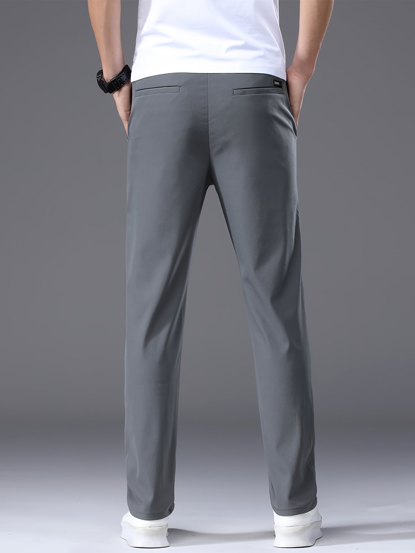 Men's Summer Casual Pants - Lightweight Stretch Nylon, Elastic Drawstring Waist, Straight Fit, Solid Black Trousers for Casual Attire, Adjustable Comfort Pants|Relaxed Look|Glossy Finish