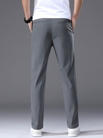 Men's Summer Casual Pants - Lightweight Stretch Nylon, Elastic Drawstring Waist, Straight Fit, Solid Black Trousers for Casual Attire, Adjustable Comfort Pants|Relaxed Look|Glossy Finish