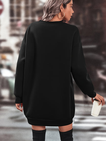 Elegant Women'S Fleece-Lined Sweatshirt Dress - Polyester Knit Fabric, Solid Color, Crew Neck, All-Season Loose Long Sleeve Casual Wear