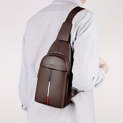 DARWNORO Men's Stylish PU Leather Sling Bag - Casual Shoulder & Crossbody Bag with Zipper Closure, Brown with White & Red Accents, Perfect for Daily Commute, Motorcycle Inspired Design, PU Leather Crossbody Bag
