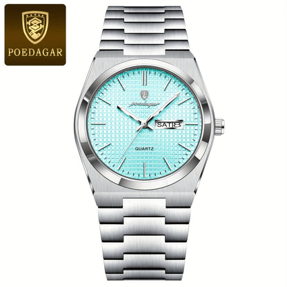 POEDAGAR Elegant Women'S Quartz Watch, Luminous Calendar, Stainless Steel Band, Round Alloy Case, Fashionable Night-Glowing Dial with Blue & Orange Accents