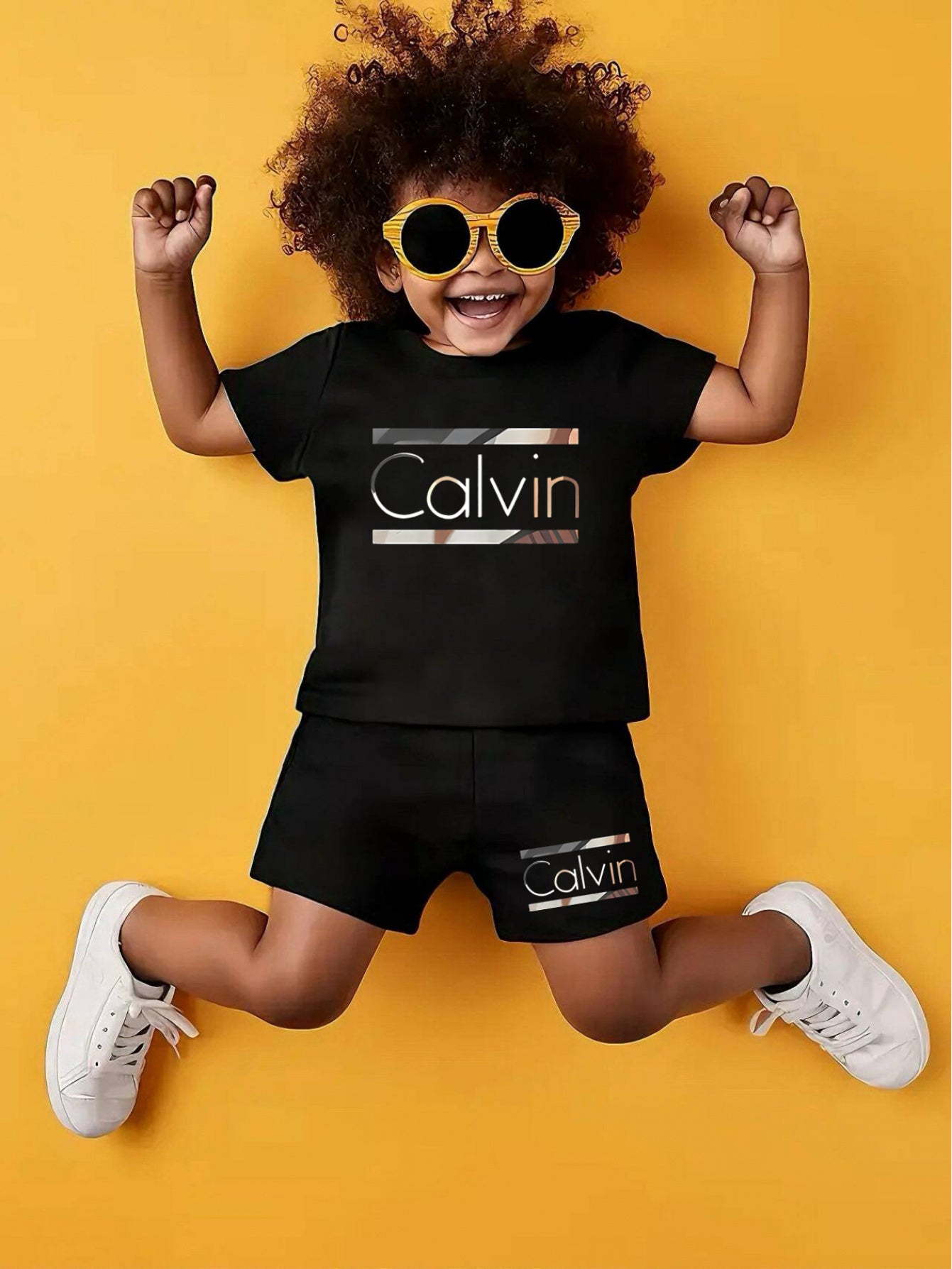 2pcs - Youngsters' Short Sleeve Shorts Set - Street Style Casual "Calvin" Letter Print, Vibrant Design - Summer Outdoor Outfit, Polyester Fabric, Comfortable for All Seasons, Daily Wear | Lively Printed Top | Stretchy Materia