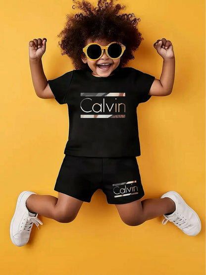 2pcs - Youngsters' Short Sleeve Shorts Set - Street Style Casual "Calvin" Letter Print, Vibrant Design - Summer Outdoor Outfit, Polyester Fabric, Comfortable for All Seasons, Daily Wear | Lively Printed Top | Stretchy Materia