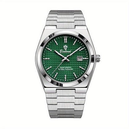 BINBOND Men's Elegant Quartz Watch, Blue/Green Checkered Dial, Glow-in-the-Dark Hands, Durable Steel Band, Waterproof, Date Display, Casual Style, Perfect for Daily Wear and Gift